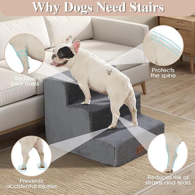 GGIB Dog Stairs for Small Dogs Cats Non-Slip Dog Steps for High Bed Pet Stairs for Sofa Couch Pet Ramp Pet Steps with Removable Washable Cover, Grey, 13" H, 3-Step-PawvioPets