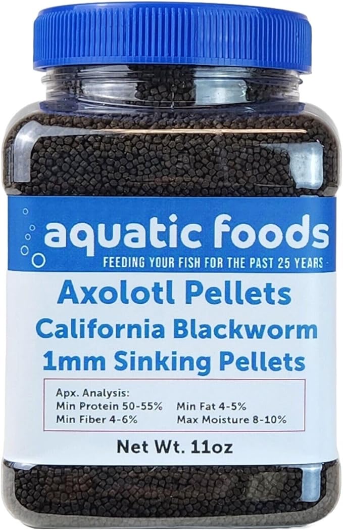 Aquatic Foods Inc. Axolotl Blackworm Pellets. 1mm-1/32 Sinking California Blackworm Micro Pellets for Baby Axolotl, Frogs, Shrimp, Salamanders, Newts, Snails…11oz Jar-PawvioPets