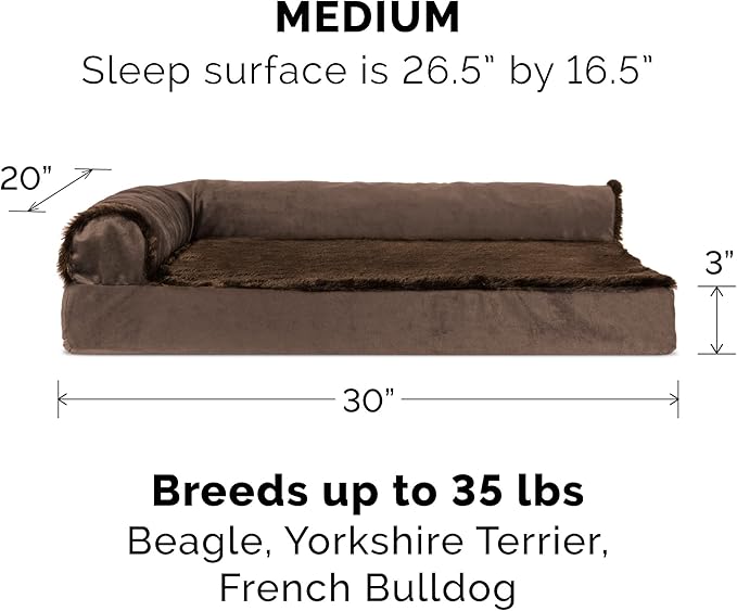 Furhaven Cooling Gel Dog Bed for Medium/Small Dogs w/ Removable Bolsters & Washable Cover, For Dogs Up to 35 lbs - Plush & Velvet L Shaped Chaise - Sable Brown, Medium-PawvioPets