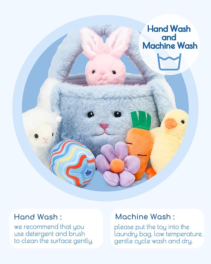 7 Piece Plush Stuffed Animals Playset Toys with Rabbit, Chick, Lamb, Carrot, Egg, Flower, Furry Bag, Soft Basket Set Toys for Girls Kids Ages 3+, Birthday Christmas Valentines Easter Party Favors-PawvioPets