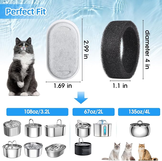 40 Pack Cat Water Fountain Filters-Cat Fountain Replacement Filters for Stainless Steel 108/3.2L& 67oz/2L Adjustable Water Flow Pet Water Fountain(20 Pack Pet Water Filter Refills+20 Pack Sponges)-PawvioPets