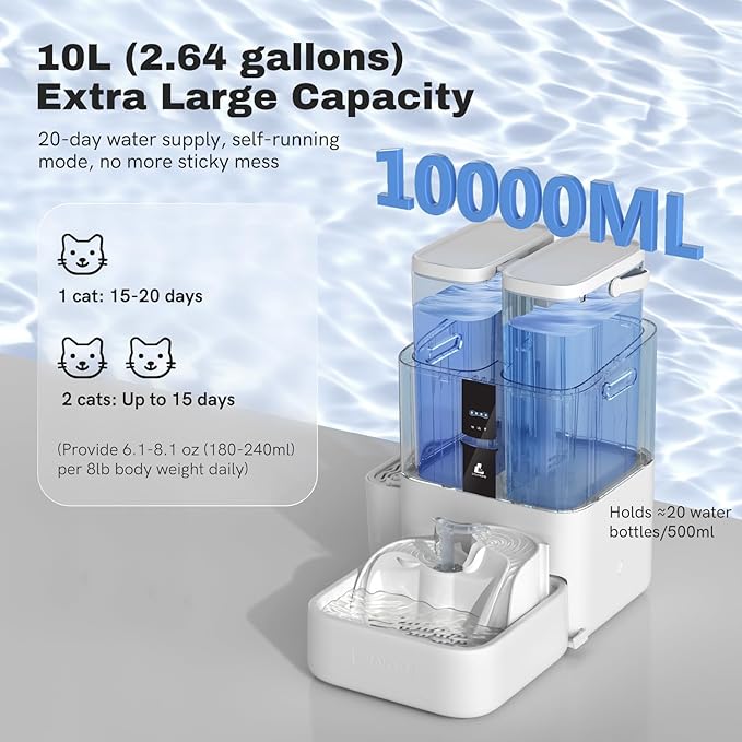 DailyFresh Cat Water Fountain 10L/338 oz Self Refilling, Pet Drinking Fountains for Dogs Indoor, Smart APP 5G WiFi Automatic Water Dispenser Oxygen-Rich, Wastewater Separation, BPA-Free-PawvioPets