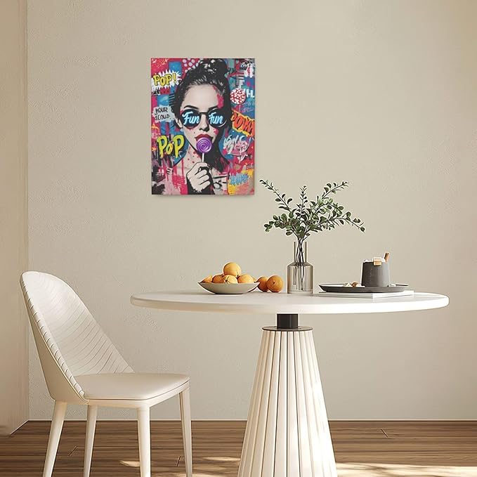 Fashion Women Wall Art Glam Modern Artwork for Girls Banksy Street Graffiti Pop Art Canvas Pictures Painting Print Framed Decorations Gifts for Bedroom Living Room Office 12"x16"-PawvioPets