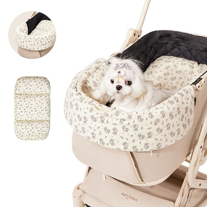 Dog Stroller Cushion & Mat, Pet Stroller Cushion for Dogs & Cats, 5-Level Waterproof & Removable Inner Core, Dog-Ergonomic 3-Zone Support, 4-inch Thickness (Flower Set)-PawvioPets