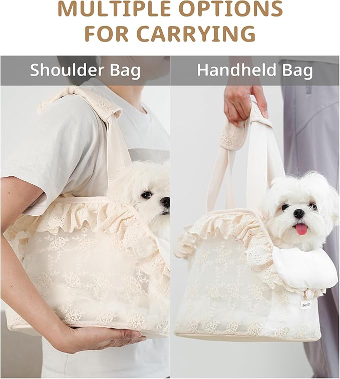 Dog Carrier for Small Dogs Rabbit cat with Lace Design, Cotton Bag, Dog Carrier Soft Sided, Collapsible Travel Puppy Carrier (Beige, 13" L x 6.7" W x 10.6" H)-PawvioPets