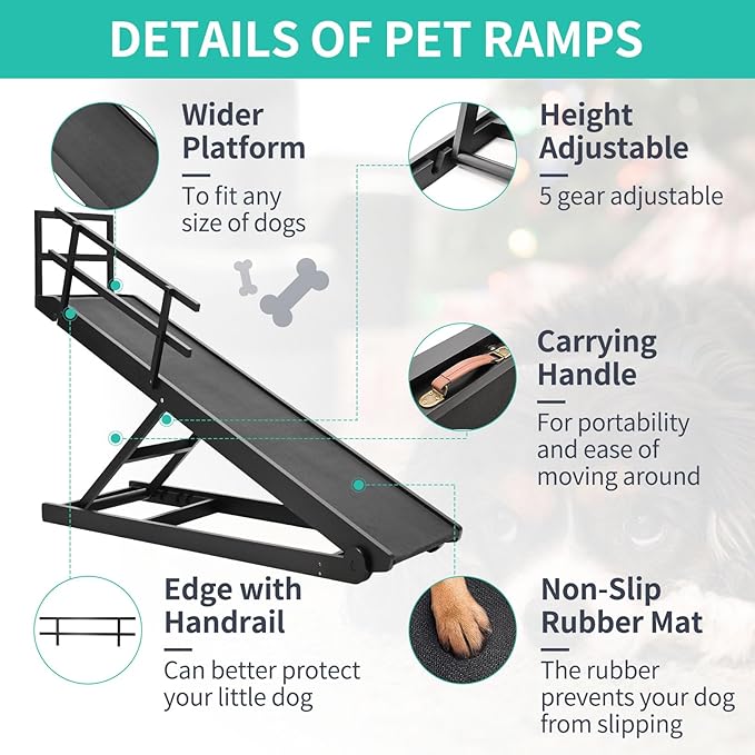 Dog Ramp, 5 Level Adjustable Height Folding Pet Ramp for High Bed, Portable Paw Ramps Large Bed Ramp for Medium & Large Old Dogs & Cats - Natural Wood Furniture Quality-PawvioPets