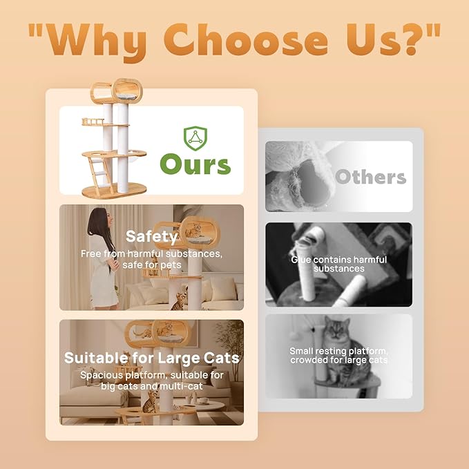 63.6'' Modern Cat Tree Indoor, Solid Wood Cat Tree with Scratching Post for Multi-Cat Families, Tall Cat Tower with Auxiliary Stairs, Huge Condo for Large Cats-PawvioPets