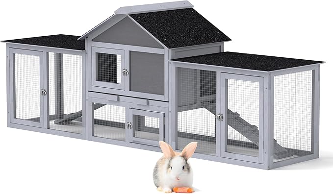 82.5” Large Wooden Rabbit Hutch Outdoor Easy to Assemble Rabbit Cage and Durable Bunny Hutch Indoor with Cleaning Tray & Waterproof Roof for Small and Medium Bunny Rabbit Chick (Grey)-PawvioPets