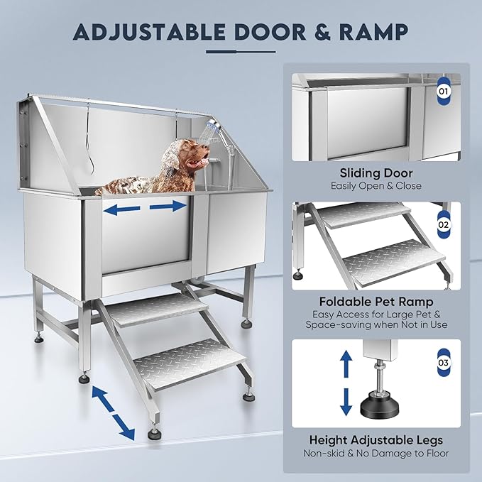 62" Pet Dog Bathing Station,Professional Stainless Steel Dog Grooming Tub,Pet Bathing Tub Dog Bathing Station with Faucet Walk-in Ramp Accessories,Commercial or Household use, (Extra Large)-PawvioPets