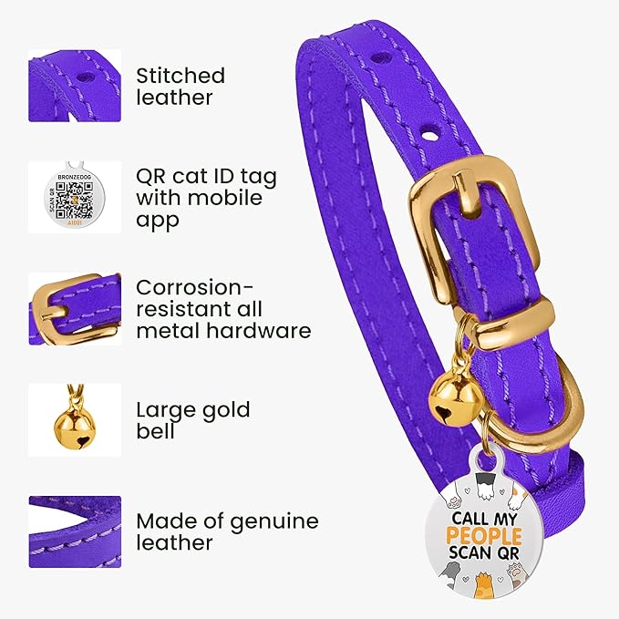 BRONZEDOG Leather Cat Collar with Removable Bells Non Breakaway Kitten QR Tag for Girl Boy (7" - 9" for Cats, Purple & Gold)-PawvioPets