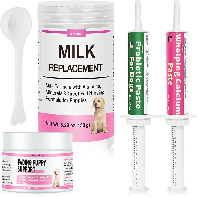 4 in 1 Whelping Kit for Dogs - Whelping Calcium Paste, Probiotic Paste, Fading Puppy Support & Puppy Milk Replacer - Essential Dog Whelping Supplies for Safe Delivery, Strong Puppies & Nursing Support-PawvioPets