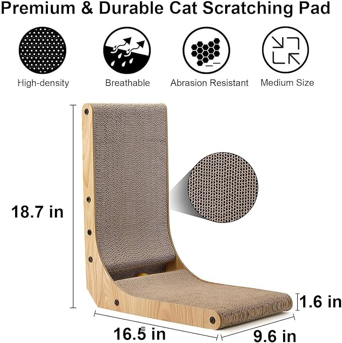 FUKUMARU Cat Scratcher, 18.7 Inch L Shape Cat Scratch Pad Wall Mounted, Cat Scratching Cardboard with Ball Toy for Indoor Cats-PawvioPets