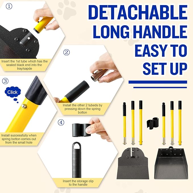 Dog Pooper Scooper,Tray and Spade Set Poop Scooper for Dogs, Adjustable Long Handle Metal Pooper Scooper with Bin for Pet Waste Removal, No Bending Clean Up for Medium and Large Dogs-PawvioPets