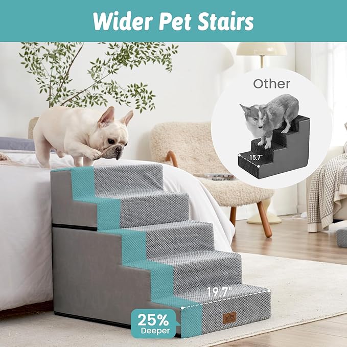 Dog Stairs for Small Dogs, 5 Tier Removable Wider Pet Stairs for Couch and Bed, 23.6" H Non-Slip Dog Steps for Puppies and Old Cats with Support Board, 29.5x19.7x23.6 inch, Grey-PawvioPets