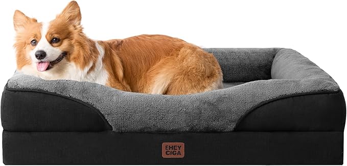 EHEYCIGA Memory Foam Dog Bed for Medium Size, Orthopedic Dog Sofa with Sides and Waterproof Liner, Washable Bolster Pet Couch with Removable Cover, 35x22x6.5 Inch, Grey/Black-PawvioPets
