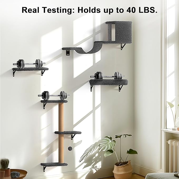 FUKUMARU Cat Wall Shelves, Stable & Safe 4 in 1 Cat Furniture Set, Wooden Climbing Wall with Scratching Post for 16 Inch Drywall - Gray-PawvioPets