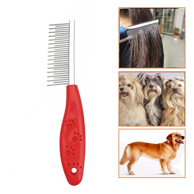 Dog or Cat Comb Grooming with Short and Long Teeth Dematting Knots Tangles Remover Combs Detangler Tool Suitable for Dogs Cats Poodle HorseStainless Steel Pin (Red)-PawvioPets