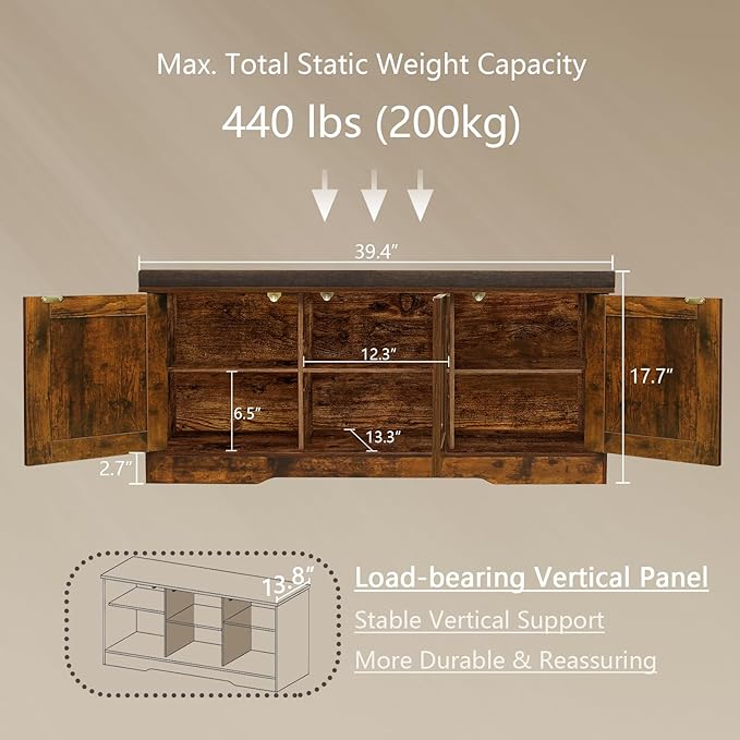 DINZI LVJ Shoe Bench, Entryway Storage Bench with Doors, Cushion, 2-Tier Shoe Rack with 6-Cubby, 39.4”L x 13.8”W Shoe Organizer Cabinet, Adjustable Shelf, Living Room, Bedroom, Rustic Brown-PawvioPets