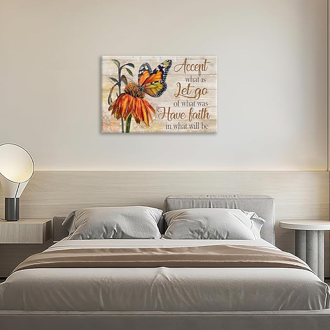 Farmhouse Butterfly Bathroom Pictures Wall Art, Rustic Floral Country Bathroom Wall Decor, Daisy Inspirational Framed Painting Canvas Artwork for Bedroom Living Room Decorations 24"L x 16"W-PawvioPets