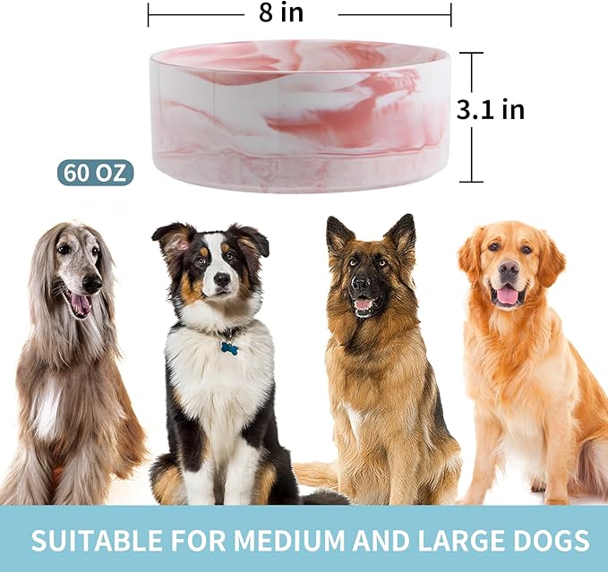 Dog Bowl Ceramic for Medium Large Breed, Heavy Weighted Dog Food Water Feeder Dish,8 in Non - Slip Modern Cute Extra Big Porcelain Pet Bowl Maze Marble Pink-PawvioPets