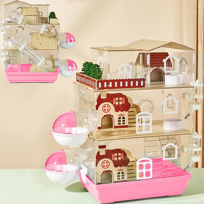 17 in 1 Clear Acrylic Hamster Cage with All Accessories,13.5''L* 10''W* 21''H Dwarf Hamster Cage,Magnetic Connection Small Hamster Enclosure,Garden Style Wooden Mouse Cage for Pet Mice(3-Layer,Pink)-PawvioPets
