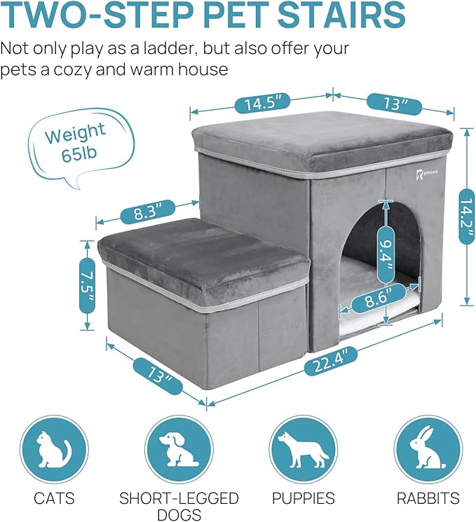 Foldable Pet Stairs for Beds & Sofas - Non-Slip Dog Steps with Storage for Small to Medium Dogs & Cats, Supports up to 120 lbs - Durable 2 & 3-Step Doggie Ladder for Easy Access-PawvioPets