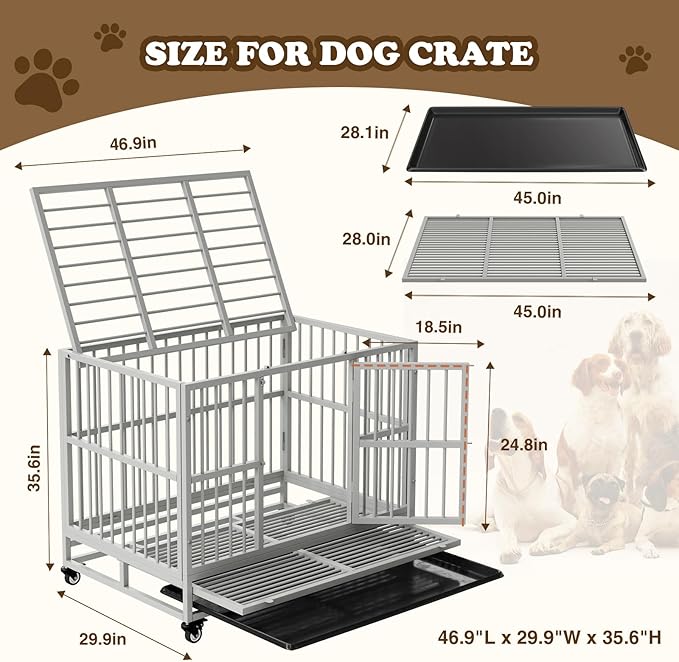 Dog Crate with Removable Tray, 37/42/46 Inch Indestructible and Escape Proof Steel Dog Cage Kennel for High Anxiety Dogs, Heavy Duty Dog Crate with Wheels, Double Door, Extra Large XL XXL-PawvioPets