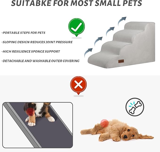 4-Step Dog Stairs and Ramp for Beds or Couches,Non-Slip Sturdy Pet Steps for Small Dogs and Cats,17.4" H,Light Grey-PawvioPets