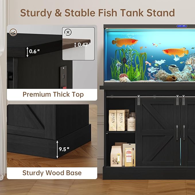 55-75 Gallon Fish Tank Stand with Sliding Barn Doors & Power Outlet, Heavy Duty Aquarium Stand with Cabinet Storage for Fish Tank, Turtle Tank, Reptile Terrarium, 1000LBS Capacity, Black-PawvioPets