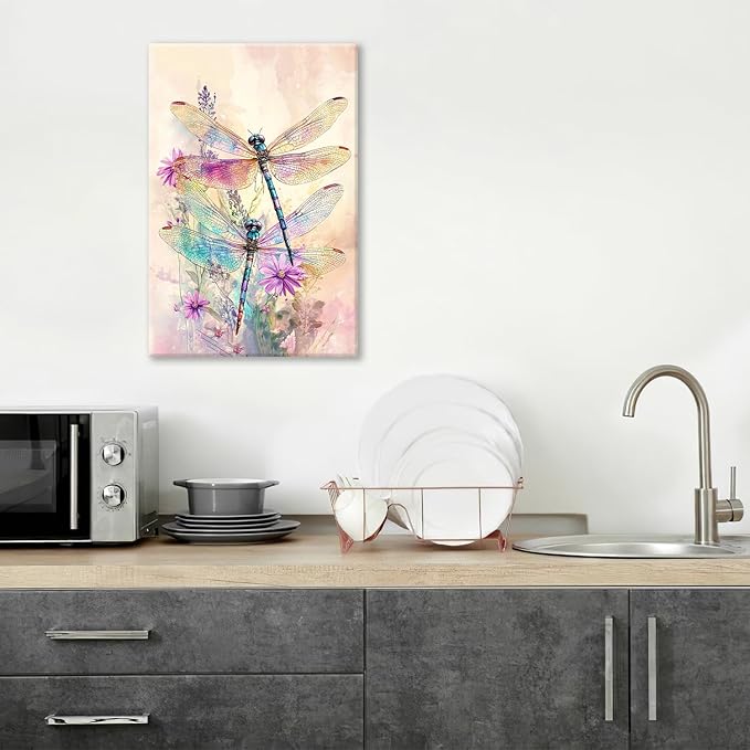 Dragonfly Bathroom Pictures Wall Art, Floral Bathroom Wall Decor, Framed Painting Canvas Artwork for Bedroom Living Room Decorations 24"L x 16"W-PawvioPets