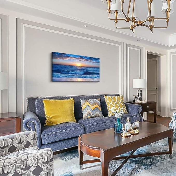 Canvas wall art for living room Blue Ocean Sea sun landscape painting bathroom Wall Decor Ready to Hang for Home Decorations office family bedroom kitchen Works canvas Prints pictures 30" x 60"inch-PawvioPets