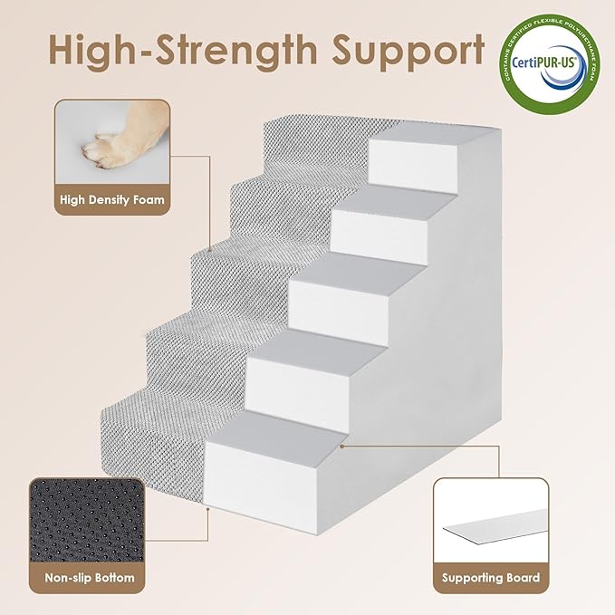EHEYCIGA Dog Stairs for High Bed 25" H, 5-Step Extra Wide Dog Steps for Bed, Pet Steps for Small Dogs and Cats, Non-Slip Balanced Pet Ramp Indoor, Light Grey-PawvioPets