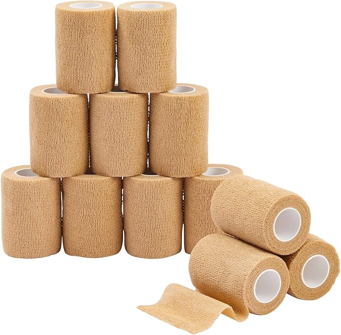12-Rolls Self Adherent Bandage Wrap, Vet Tape - 3 in x 5 Yds Breathable, Elastic Cohesive Wrap Tape for Wrist, Swelling, Sports, Tattoo (Tan)-PawvioPets