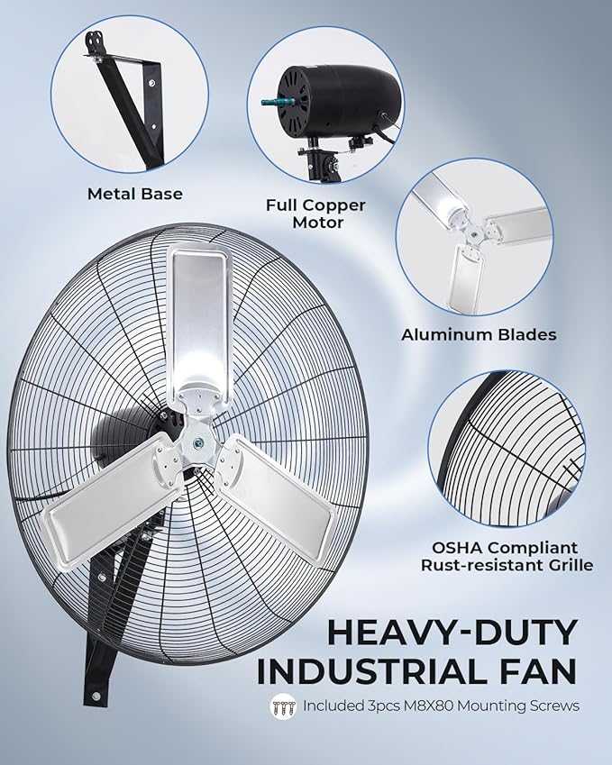 30 inch Wall Mount Fan Oscillating, 3-Speed 8850 CFM High Velocity Industrial Wall Mounted Fan, Heavy Duty Air Circulator for Garage, Shop, Gym, Workshop, Covered Patio - UL Listed-PawvioPets