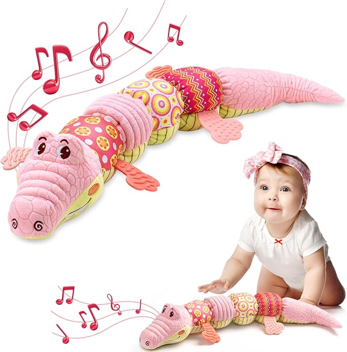 Baby Toys 0 to 12 Months, Musical Stuffed Animal Activity Soft Toys with Multi-Sensory Crinkle, Rattle and Textures,Infant Tummy Time Toys for Newborn Boys Girls, Crocodile, Pink-PawvioPets