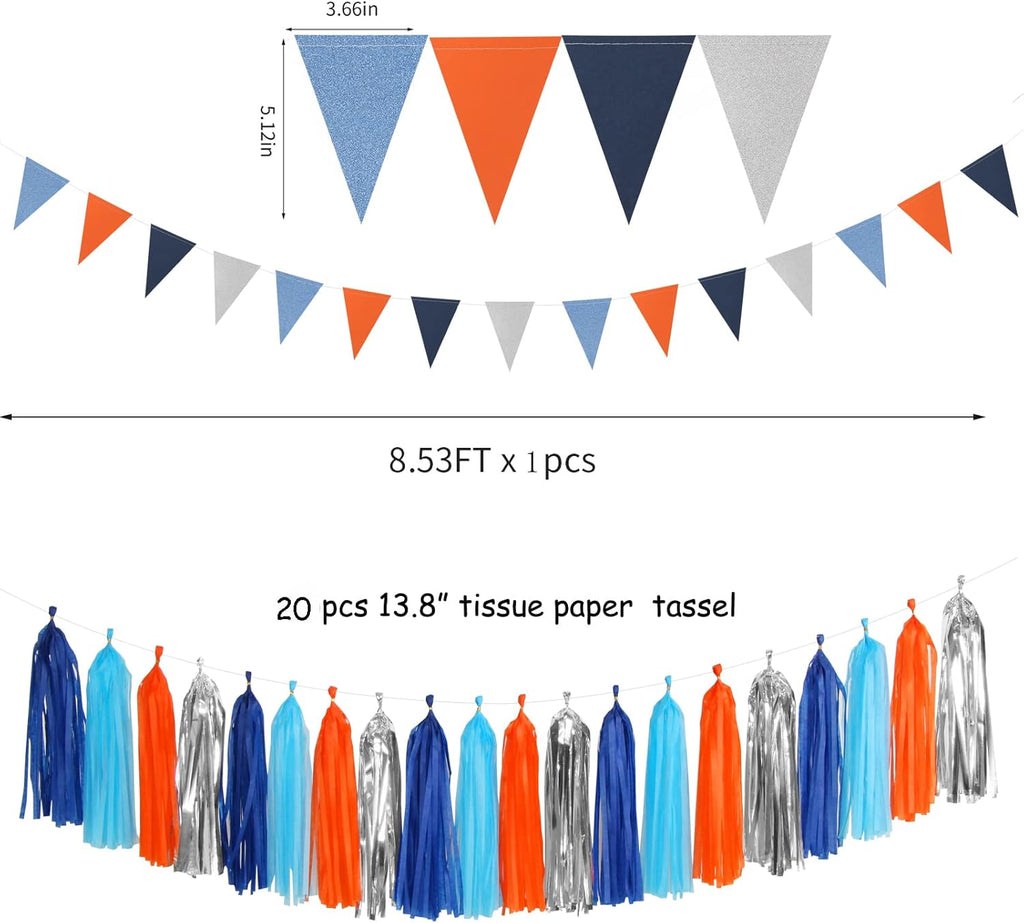 Blue-Silver Orange Space Party-Decorations Streamers-Garland - 30pcs Graduation 2025 Tissue Pom Poms,Tassel Banner Backdrop Birthday Boy Baby Shower Decor Bunting Lasting Surprise