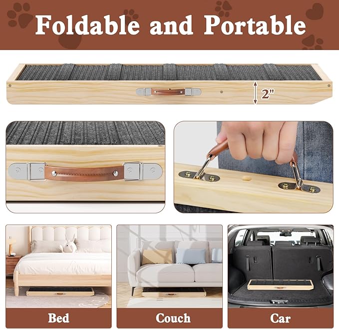 Dog Ramp for Couch, Wooden Pet Ramps 39.37" Long Adjustable 11"-20.47" Folding Puppy Ramps with High Traction Mat, Dog Stairs for Small & Medium Older Dogs & Cats, up to 150lbs-PawvioPets