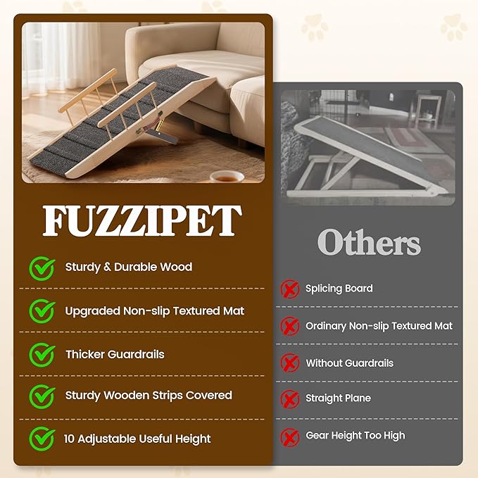 Dog Ramp for Bed Couch, Pet Ramp for Small Medium Old Dogs Cats with 10 Adjustable Heights from 5.91" to 19.69", 47" Long Portable Non-Slip Dog Bed Ramp for High Bed, Couch, Hold up to 200 LBS-PawvioPets