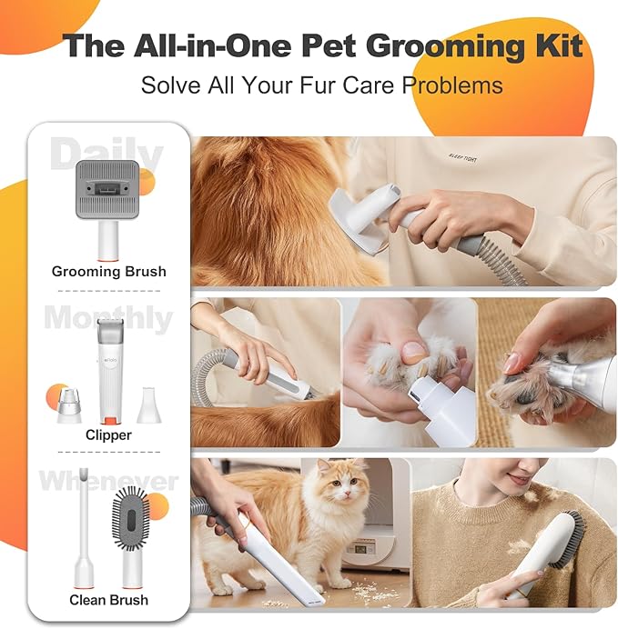 Afloia 6-in-1 Dog Grooming Kit, Pet Grooming Vacuum for Shedding, Dog Hair Vacuum with Clipper Nail Trimmer Grinder, Pet Brush Groomer at Home, Low Noise Cats Hair Remover, 1.5L Dust Cup, White-PawvioPets