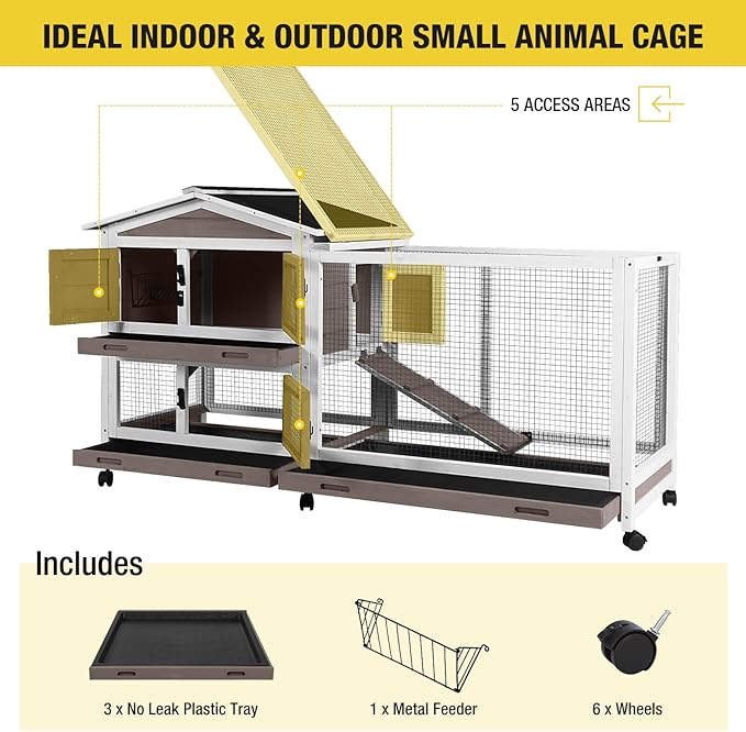 Aivituvin Rabbit Hutch 62" Rabbit Cage Indoor Outdoor Chicken Coop Guinea Pig Cage on Wheels Bunny Cage with 3 Deep No Leakage Pull Out Tray,Waterproof Roof (Brown)-PawvioPets