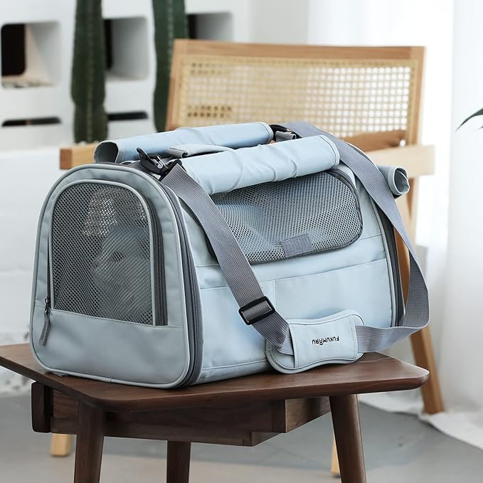 FUKUMARU Cat Carrier, Soft-Sided Small Dog Carrier, Large Cat Travel Bag with 4 Mesh Windows, Under 15 lb Airline Approved Pet Carrier with 4 Storage Pockets, Rollable Cover for Nervous Cats, Grey-PawvioPets