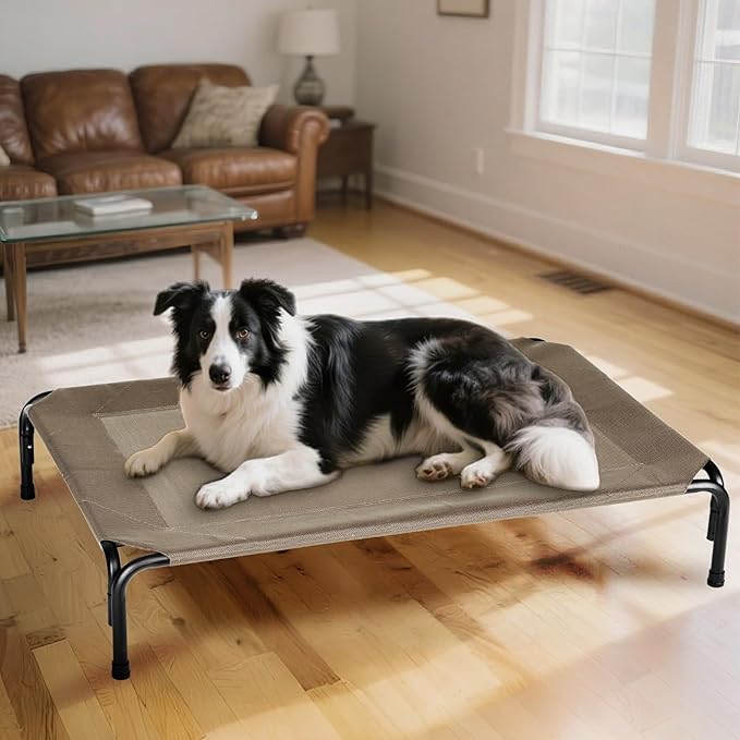 Elevated Dog Bed Outdoor, Medium Raised Cooling Dogs Cot, Lifted Pet Beds with Durable Breathable Teslin Mesh, Pet's Hammock with Non-Slip Feet, 35 inch Brown-PawvioPets