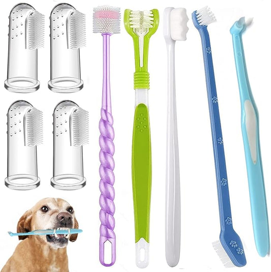 Dog Toothbrush, Finger Toothbrushes, 360 Degree Toothbrush, Triple Head Dog Toothbrushes, Double Head Toothbrush,Cleaning Brushes for Dog Cat Oral Dental Health (Blue, L)-PawvioPets