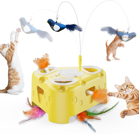 3-in-1 Interactive Cat Toy for Indoor Cats,Automatic Kitten Toys,Flying Bird,6 Holes Mole,Rotating Feather, USB Rechargeable Electronic Interactive Feather Toy for Bored Adult & Kitten Cats-PawvioPets