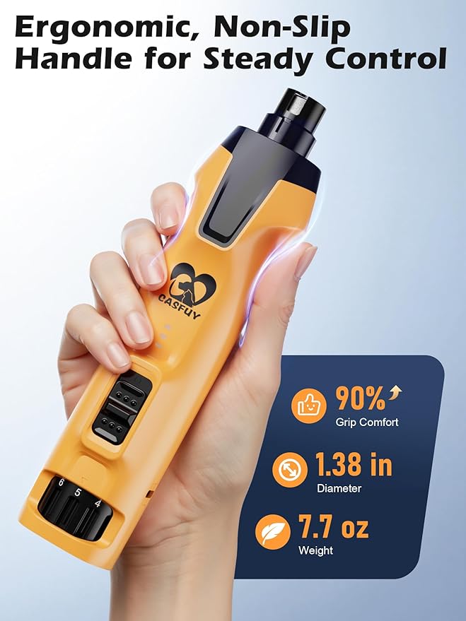 Casfuy 6-Speed Dog Nail Grinder – 50%+ Boost Power Dog Nail Trimmers Quiet with Dust Cap & 2 LED Lights & 2000mAh Battery & 4.8V Motor Electric Pet Toenail File Tool for Large Medium Small Dogs Cats-PawvioPets
