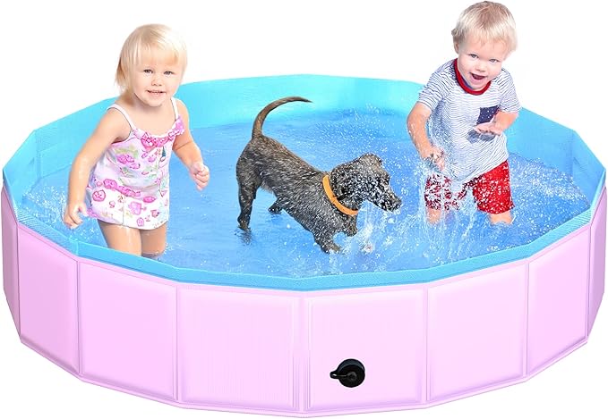 2025 Updated Foldable Dog Pool, 63" x 12" Kiddie Pool with Hard Plastic, Non-Slip Dog Bath Tub for Outdoor Backyard, Collapsible Dog Swimming Pool for Kids Dogs Pets (Pink)-PawvioPets