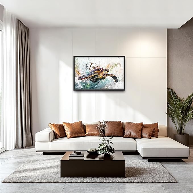 Extra Large Framed Sea Turtle Wall Art,Oversized Abstract Colorful Sea Nautical Wall Decor Pictures for Living Room,Canvas Print Painting Modern Artwork Bedroom Office Bathroom Home Decor 36L x24W-PawvioPets