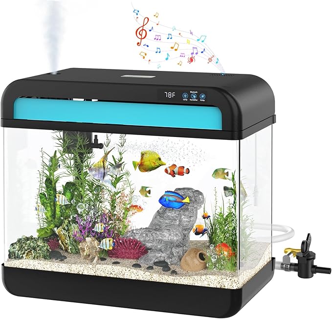 Fish Tank Aquarium 6.3 Gallon Fish Bowl with Music Humidifier 7 Color Auto-Looping Light Adjustable Quiet Pump, Temperature Display, Bottom Water Changer, HD Float Glass, Leak-Proof Thickened Base-PawvioPets