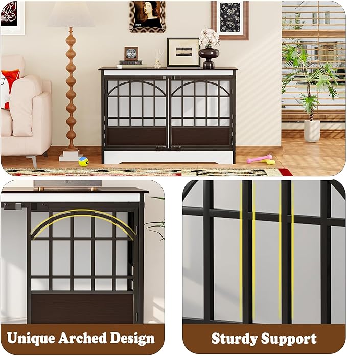 COZPAW 52 Inch Dog Crate Furniture, Extra Large Dog Kennel Indoor for XLarge Breed, Heavy Duty Dog Cage with Double Elegant Arched Doors, Decorate as TV Stand & End Table - White Brown-PawvioPets