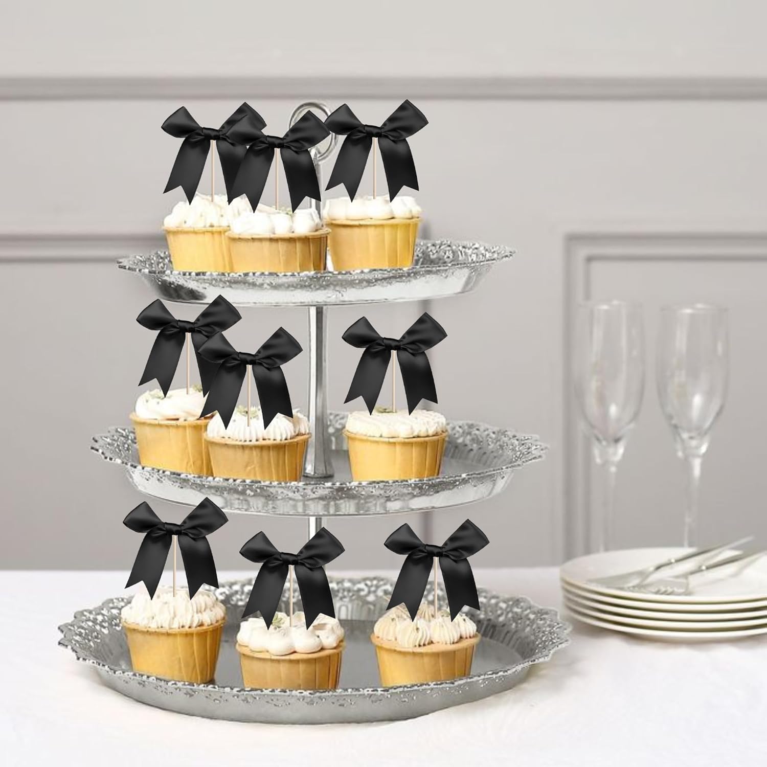 24 PCS Bow Cupcake Toppers Bowknot Cake Toppers Bow Cupcake Picks Bowknot Birthday Party Decorations Bow Cake Dessert Picks for Wedding Bridal Engagement Baby Shower Birthday Party Supplies Black